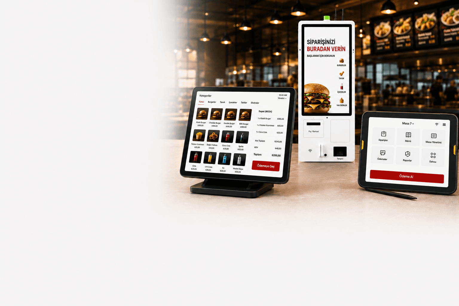 Bir restoranda çalışan POSMena POS, self-servis kiosk ve tablet POS