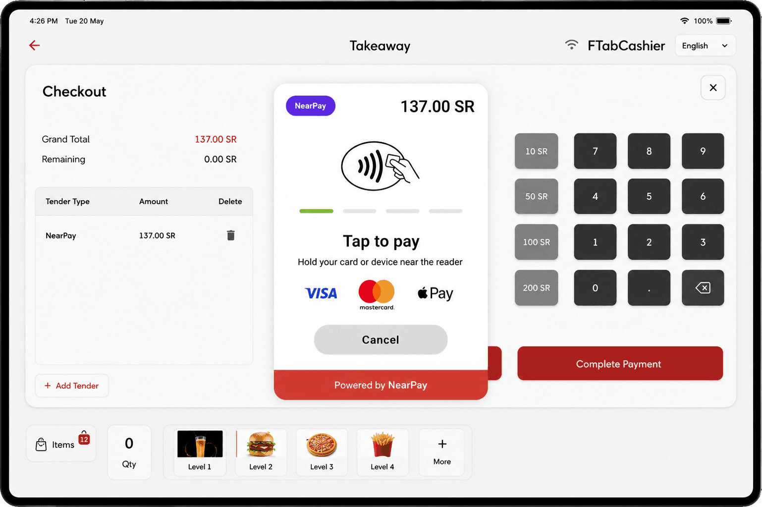 POSMena NFC contactless payment on Android tablet showing NearPay tap-to-pay with Visa and Mastercard