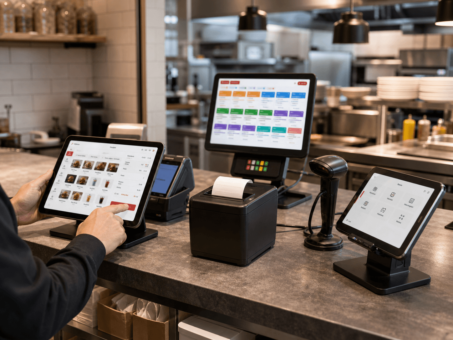 Tangan mengkonfigurasi tablet POSMena dan perkakasan paparan dapur sebelum perkhidmatan restoran