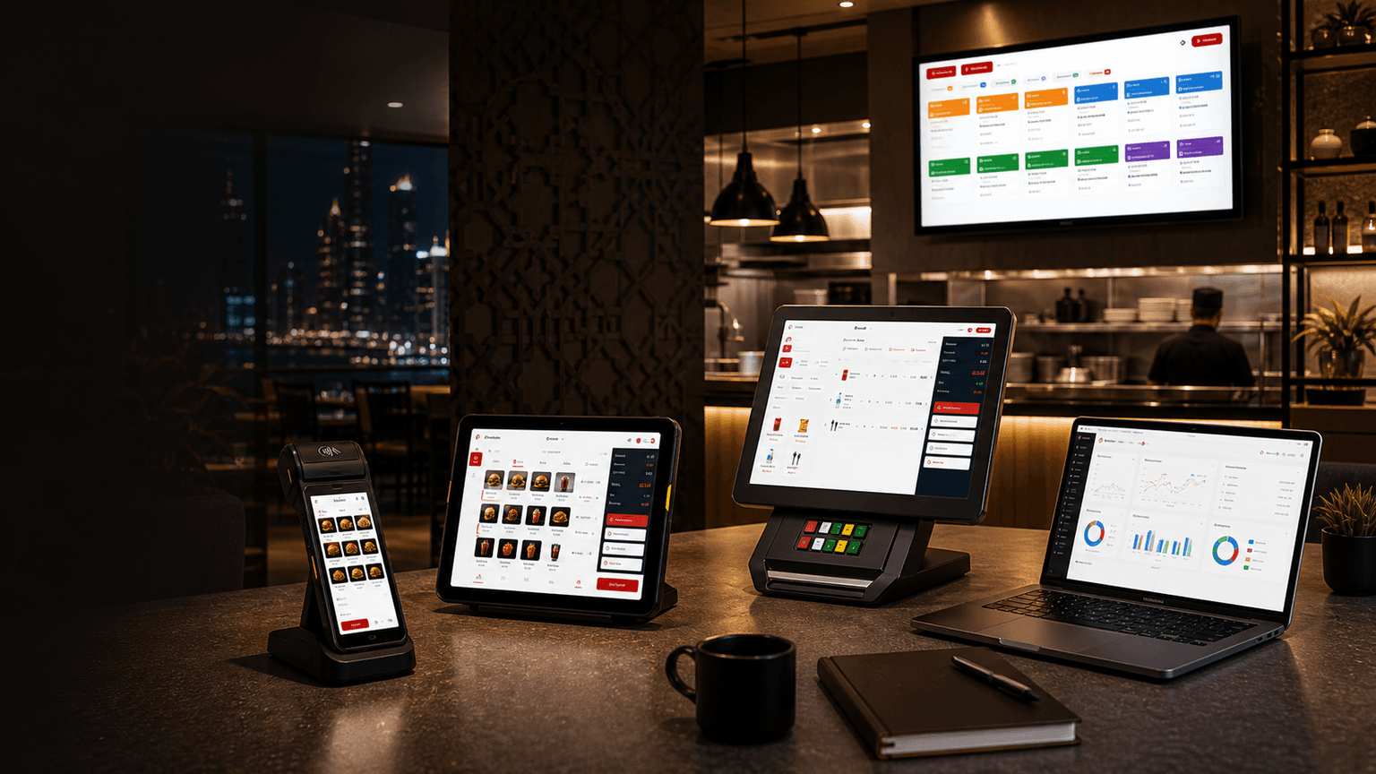 Ruang kerja operasi POSMena dengan terminal POS, paparan dapur, POS tablet, dan skrin pelaporan