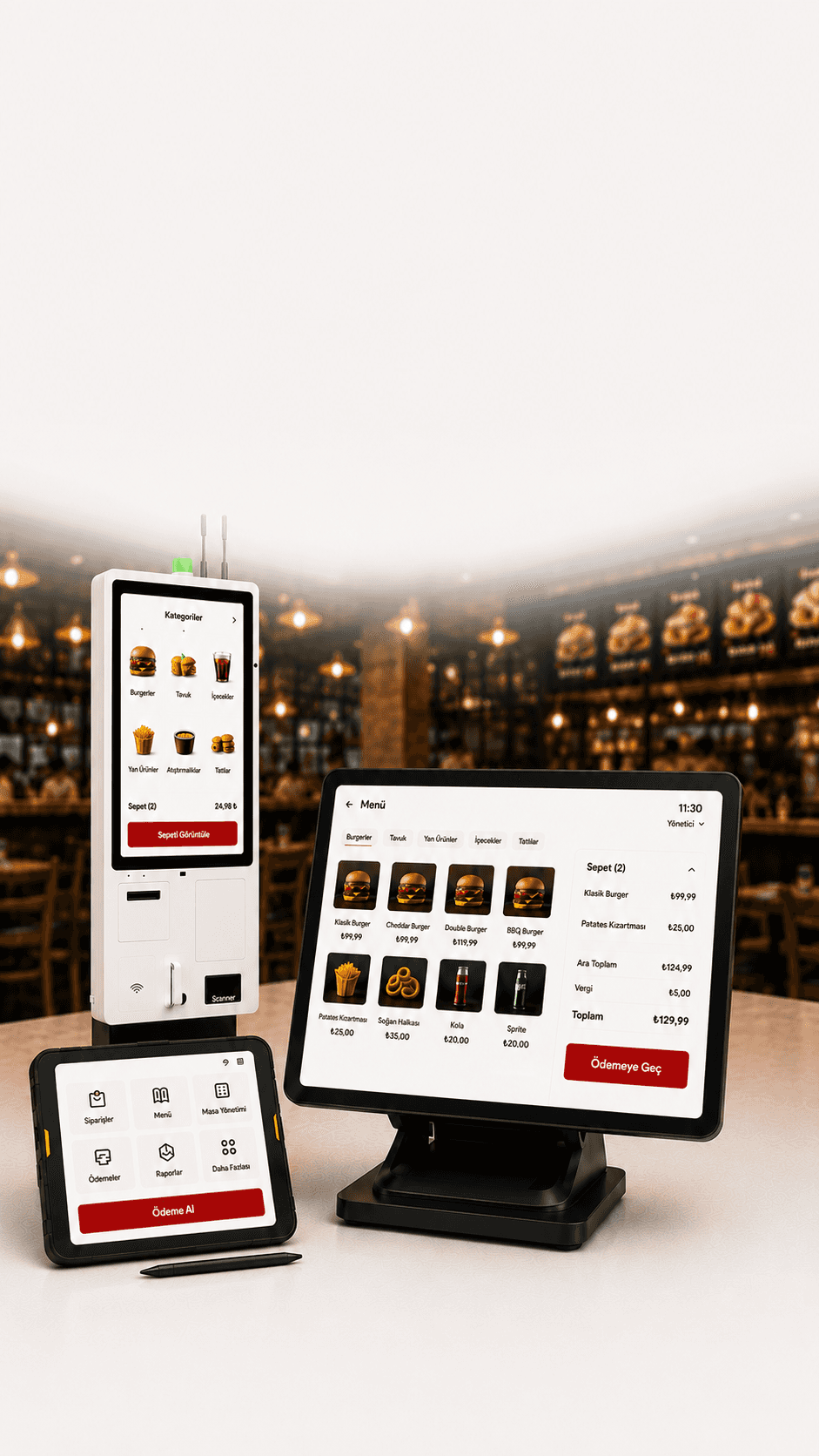 Bir restoranda çalışan POSMena POS, self-servis kiosk ve tablet POS