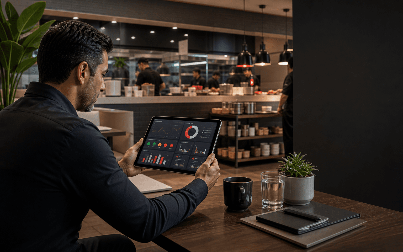 Manager reviewing AI customer-feedback analytics on a tablet