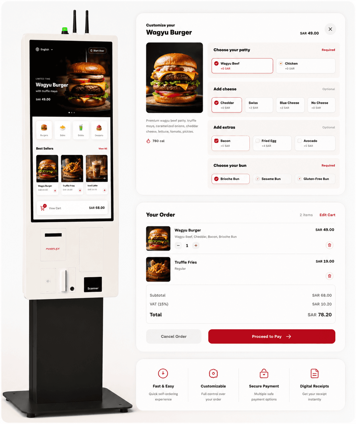 Antarmuka pemesanan self-service kiosk POSMena dengan penyesuaian burger dan ringkasan pesanan