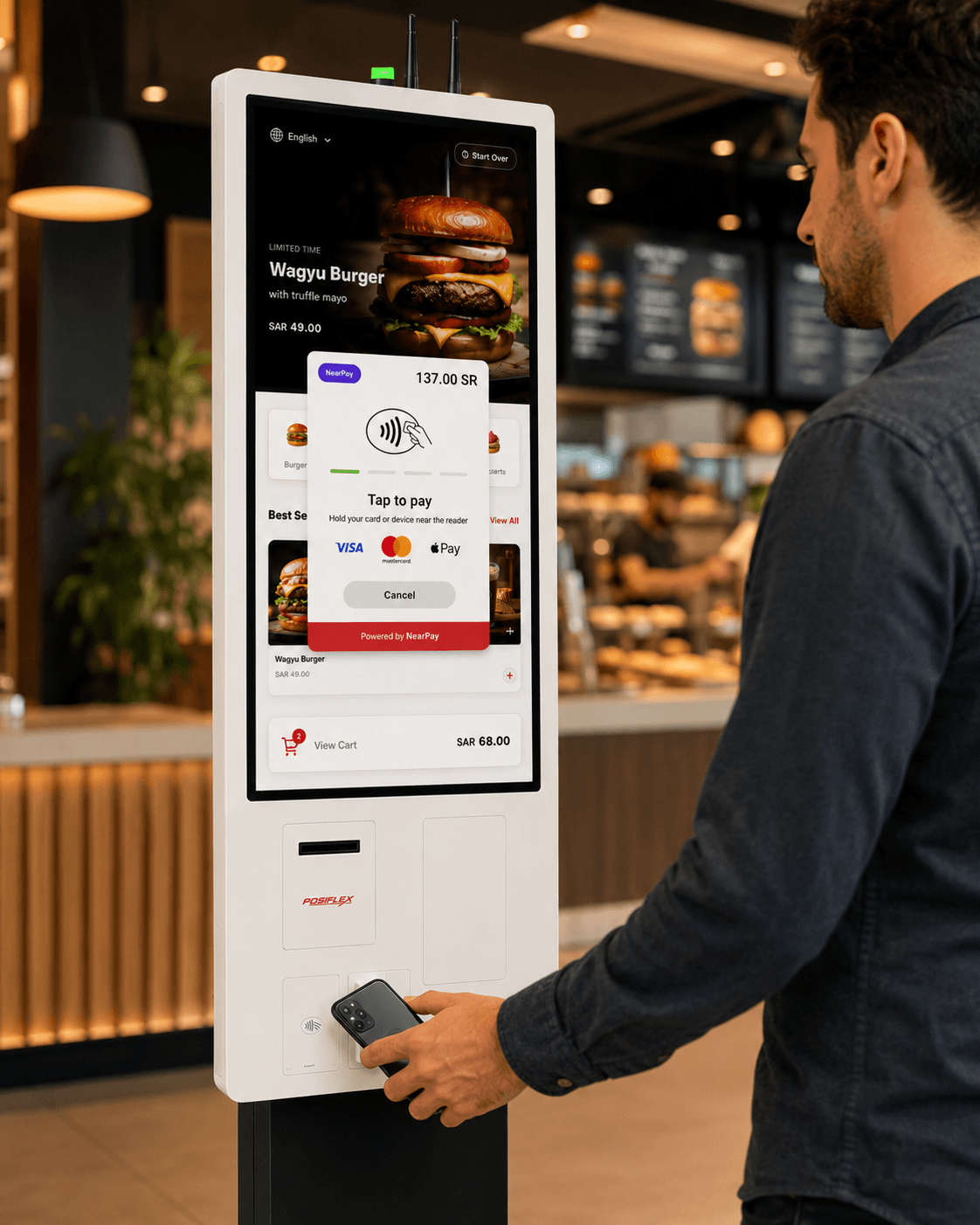 Pelanggan menyentuhkan kartu di kiosk POSMena dengan layar 'Sentuh untuk membayar' NearPay di restoran