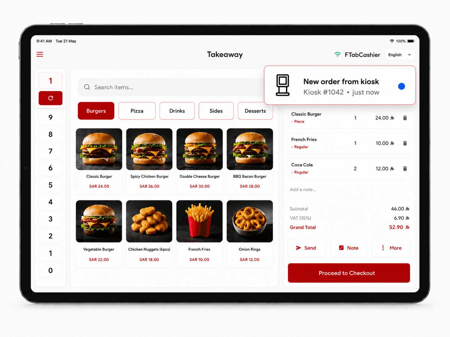iPad kasir POSMena menampilkan notifikasi 'Pesanan baru dari kiosk' dengan item pesanan