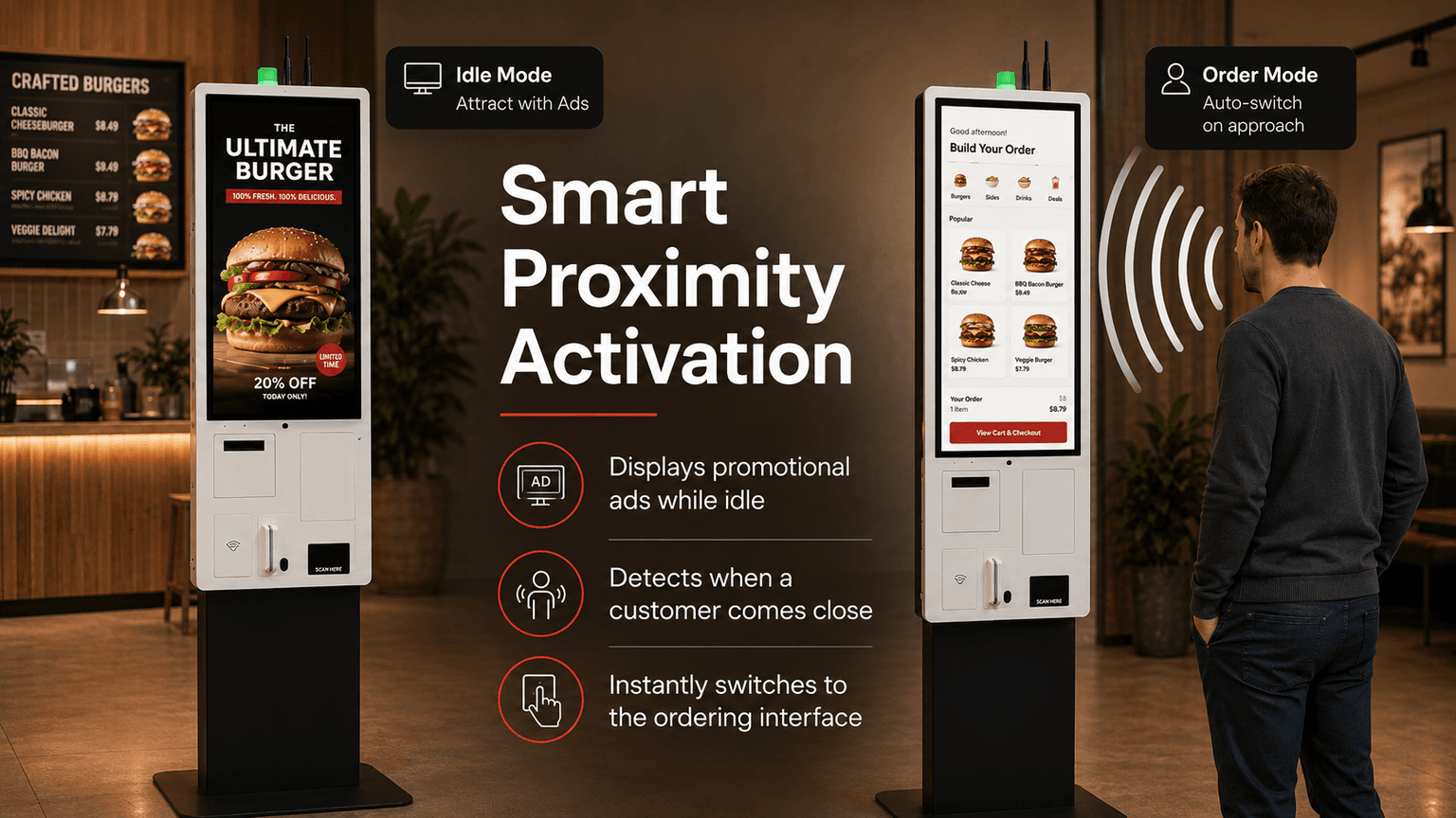 Kiosk POSMena menampilkan mode iklan di sebelah kiri dan mode pemesanan beralih otomatis di sebelah kanan saat pelanggan mendekati