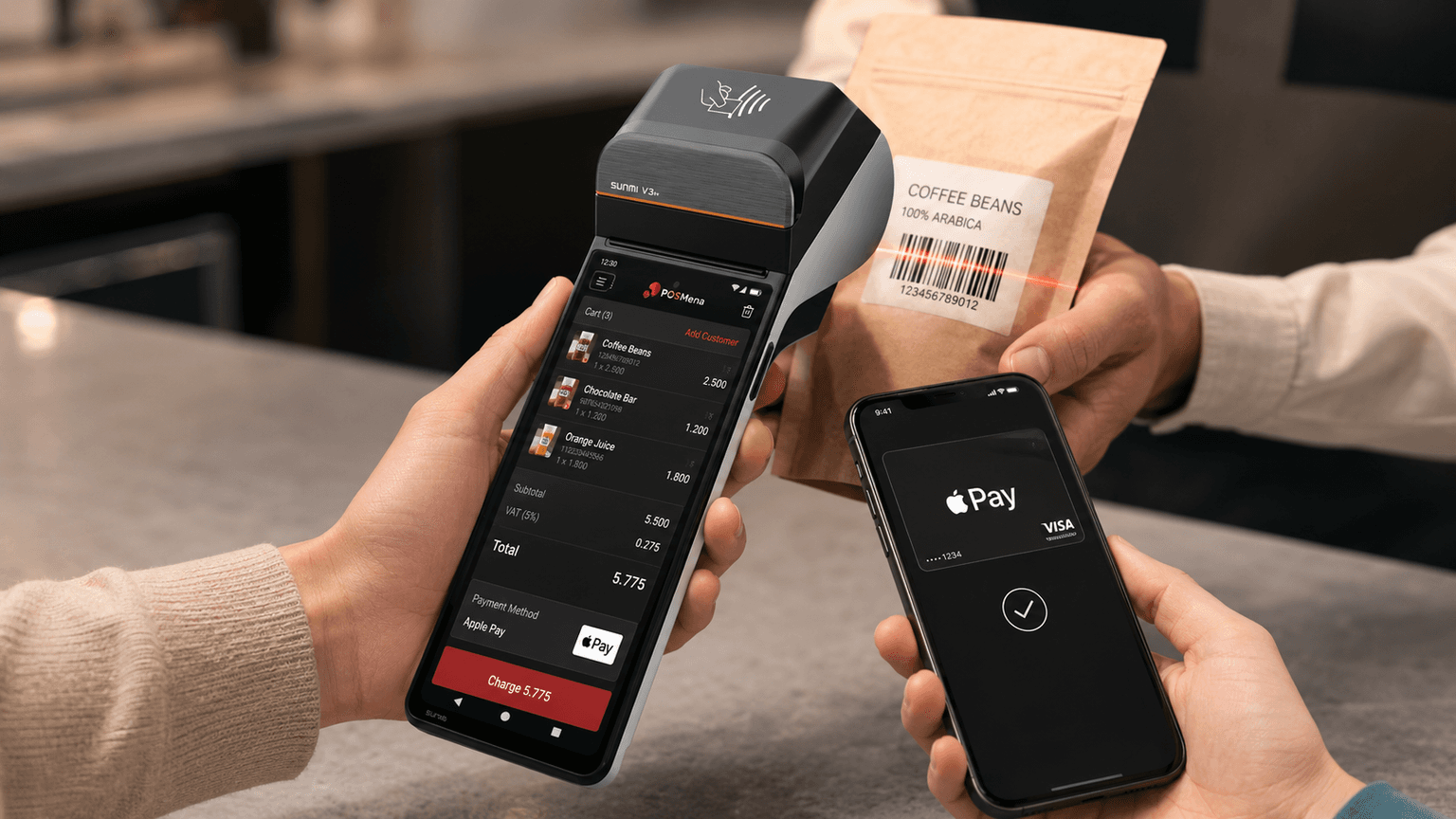 Müşteri iPhone'unda Apple Pay ile POSMena el tipi POS'a dokunarak kafede ödeme yapıyor
