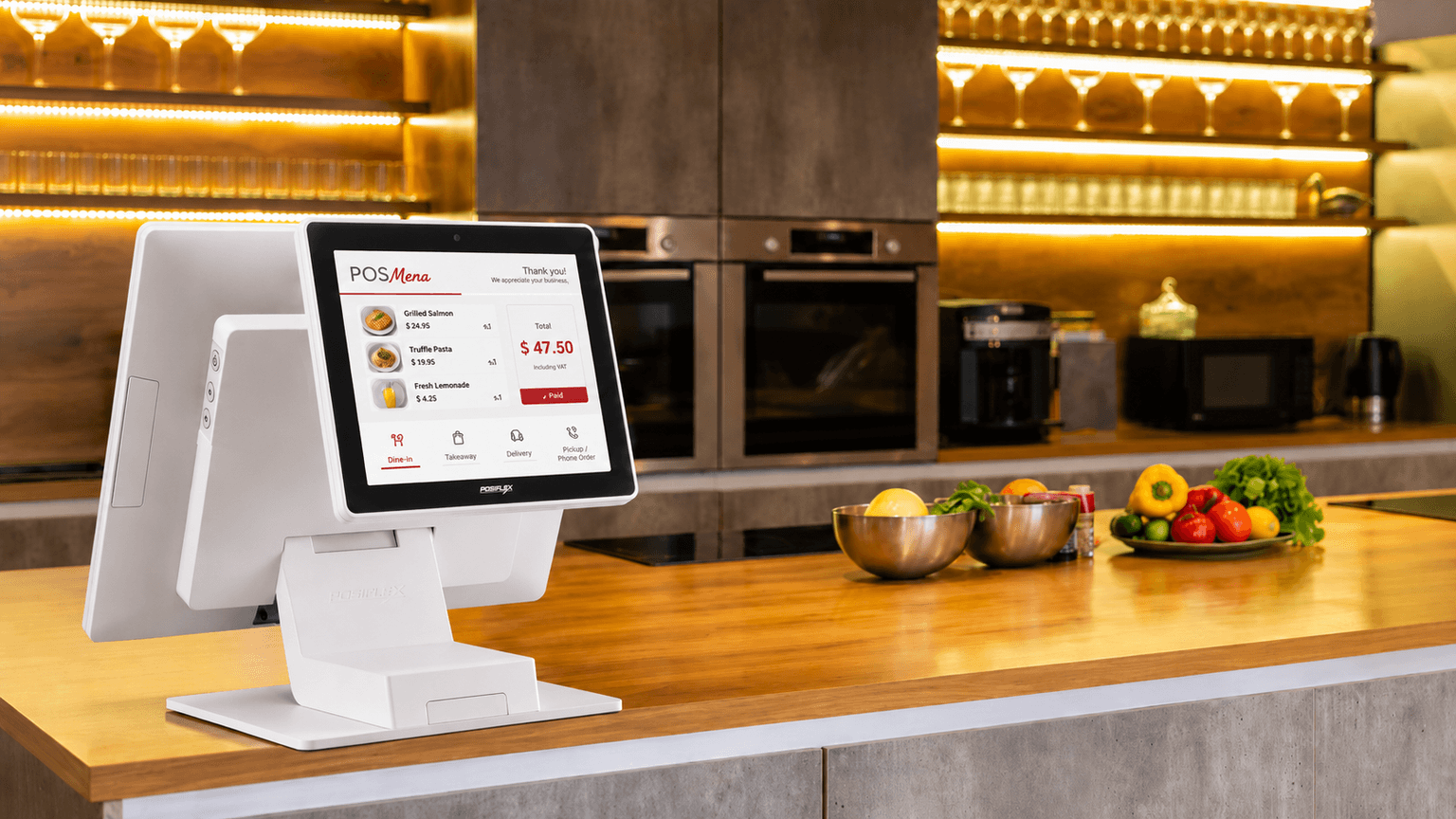Bir perakende kasasında POSMena Windows POS, ödeme ekranı ve bağlı donanımları gösteriyor