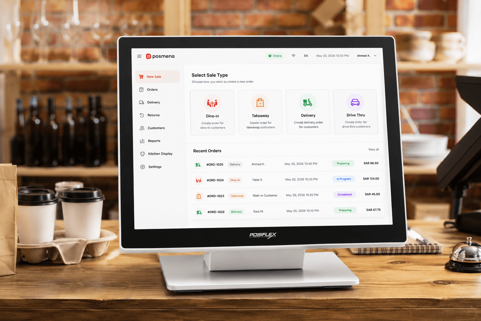 POSMena Windows POS satış türleri menüsünü gösteriyor: iade, değişim, rezervasyon, hediye makbuzu ve kredi notu